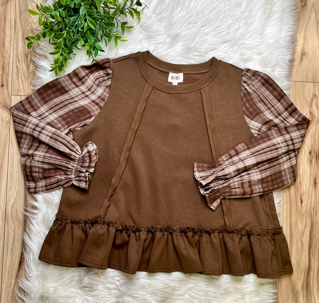 Women’s Bibi Mocha Plaid Ruffle Top- Oversized