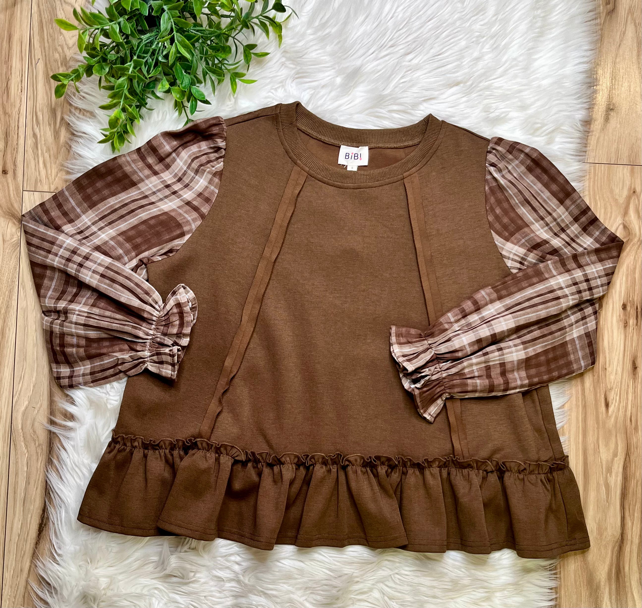 Women’s Bibi Mocha Plaid Ruffle Top- Oversized