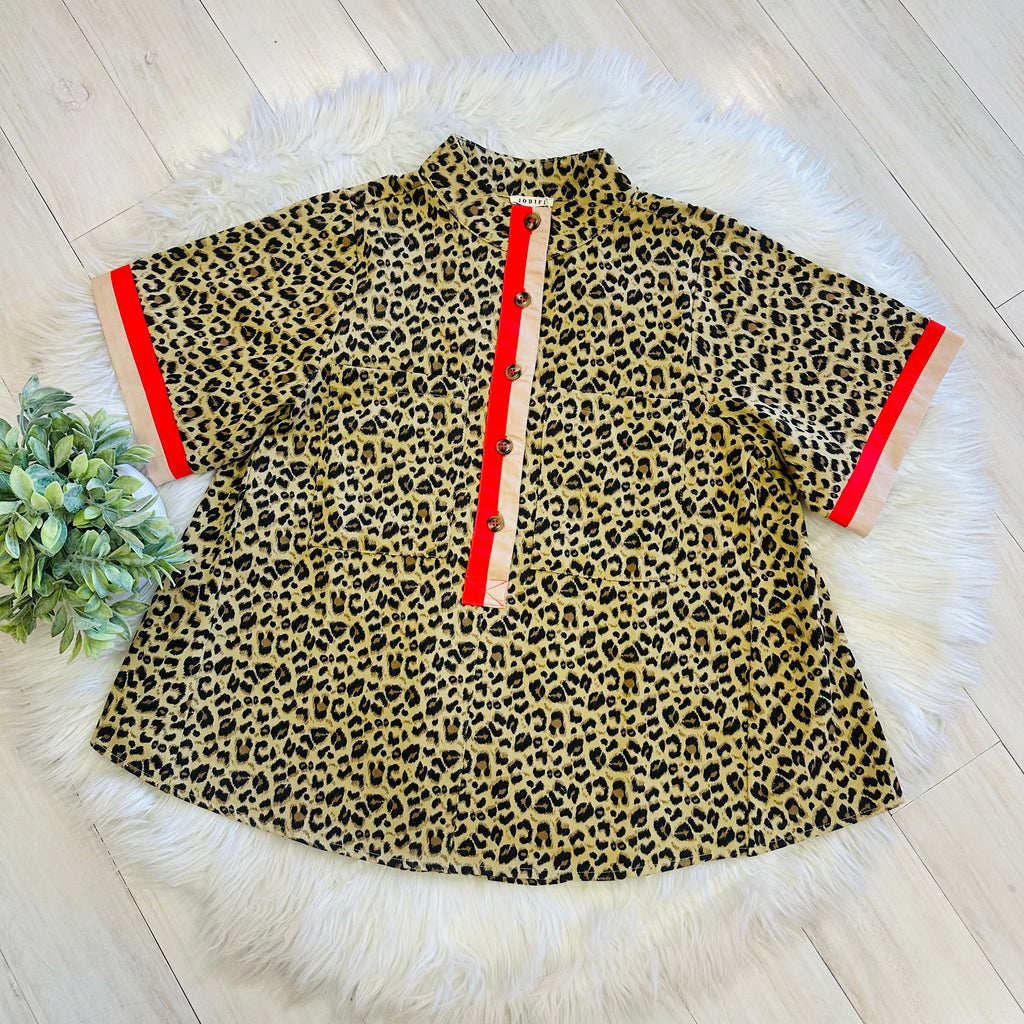 Women’s Jodifl Cheetah Print Button Down Top with Red and Tan Trim