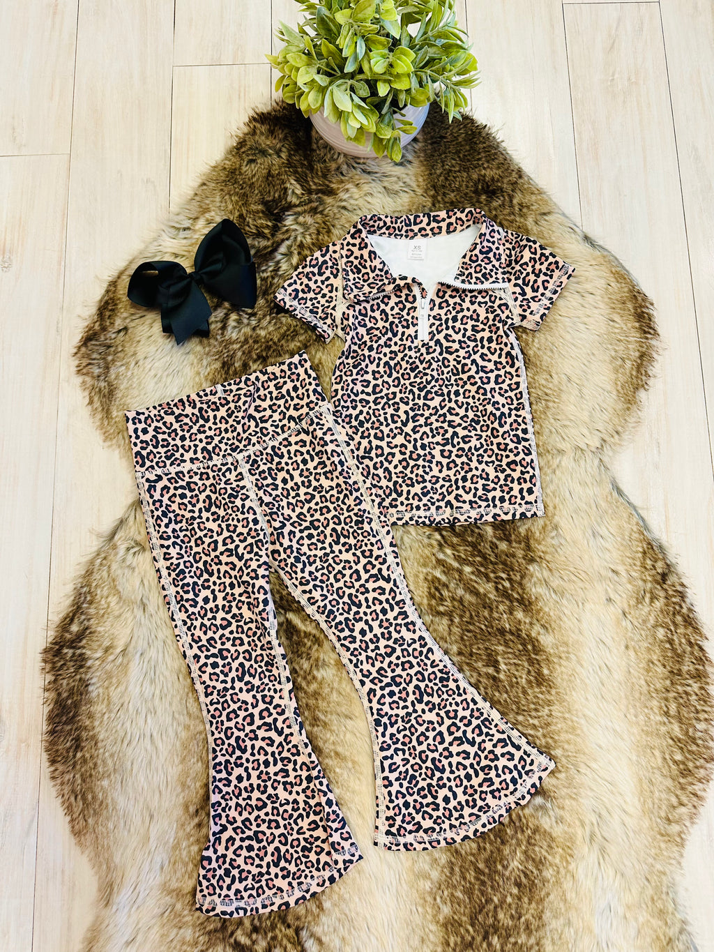 Girl’s Quarter Zip Cheetah Print Flare Pant Outfit
