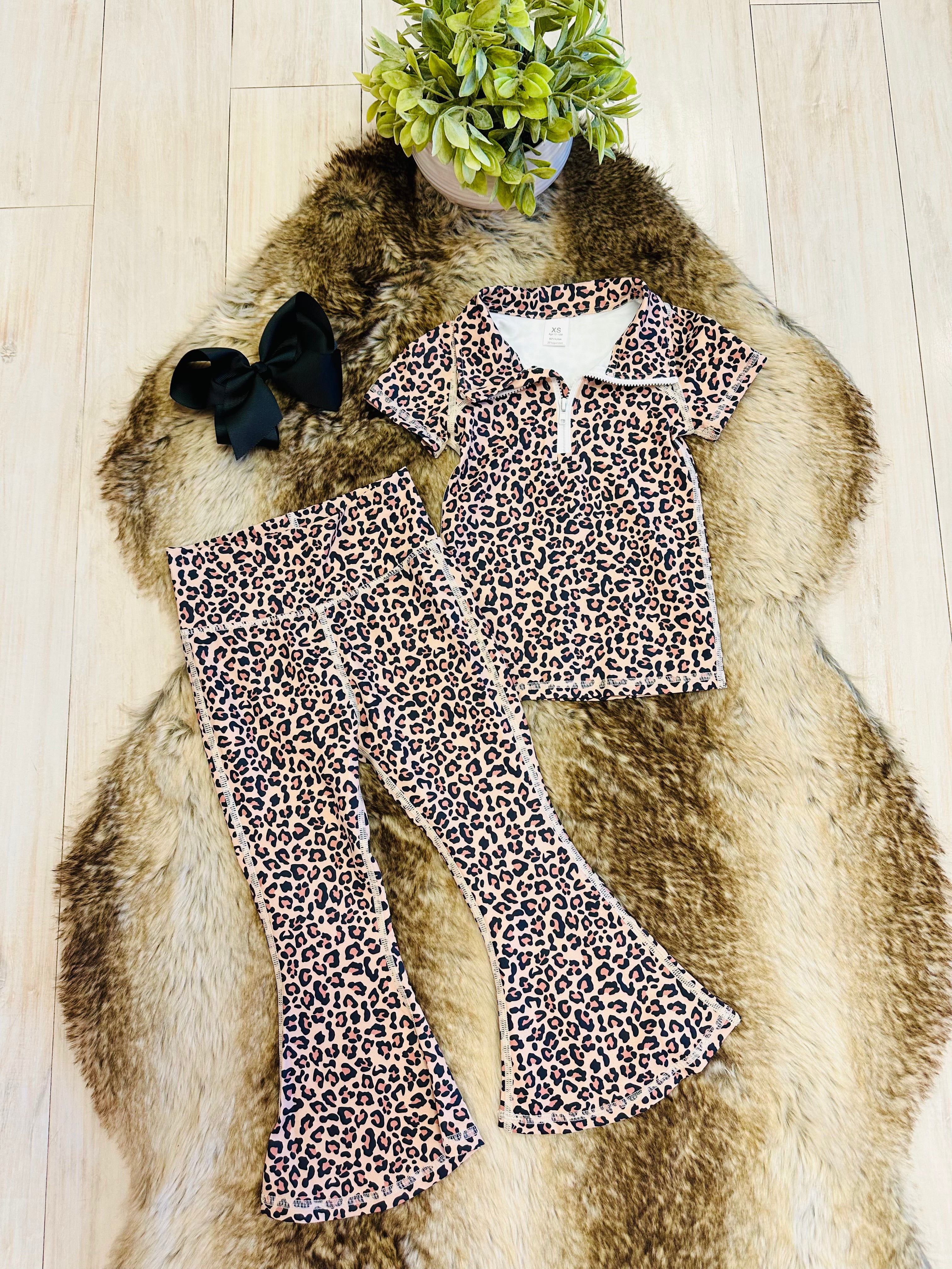Girl’s Quarter Zip Cheetah Print Flare Pant Outfit