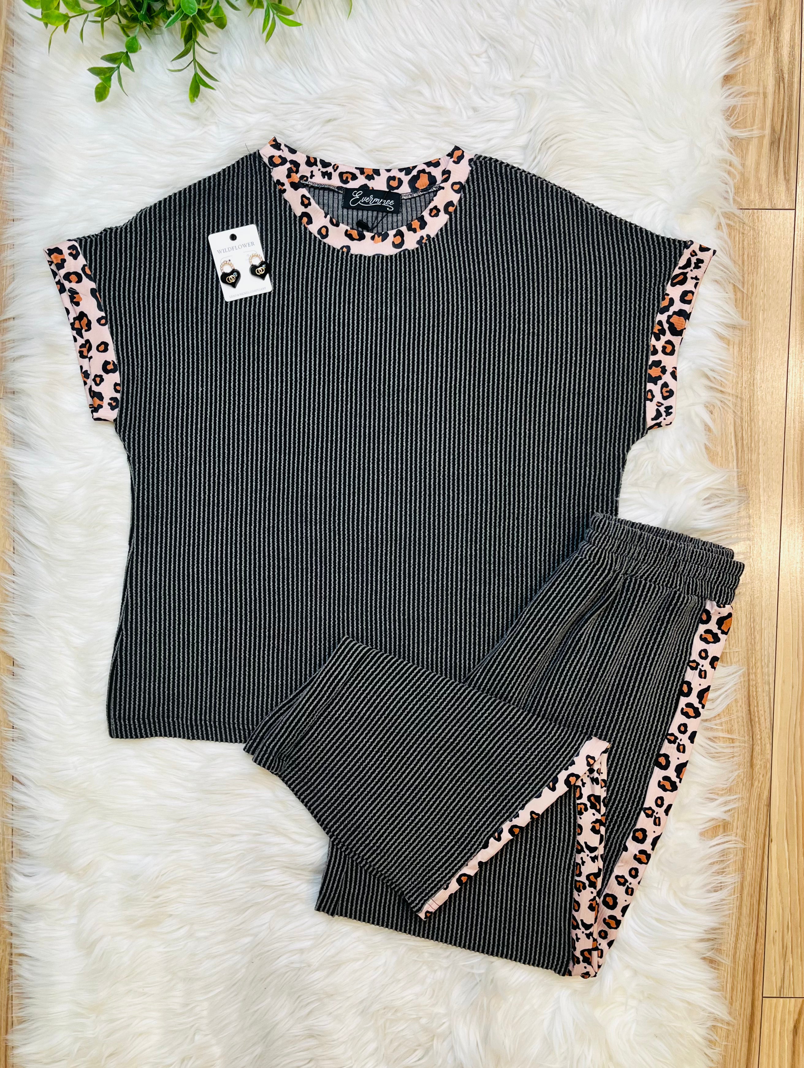 Women’s Evermmee Black Ribbed Cheetah Detail Set
