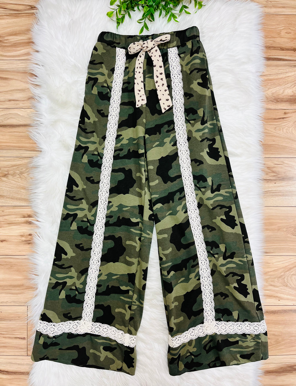 Women’s Anniewear Camouflage Wide Leg Pants with Lace Trim- True to Size
