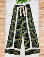 Women’s Anniewear Camouflage Wide Leg Pants with Lace Trim- True to Size