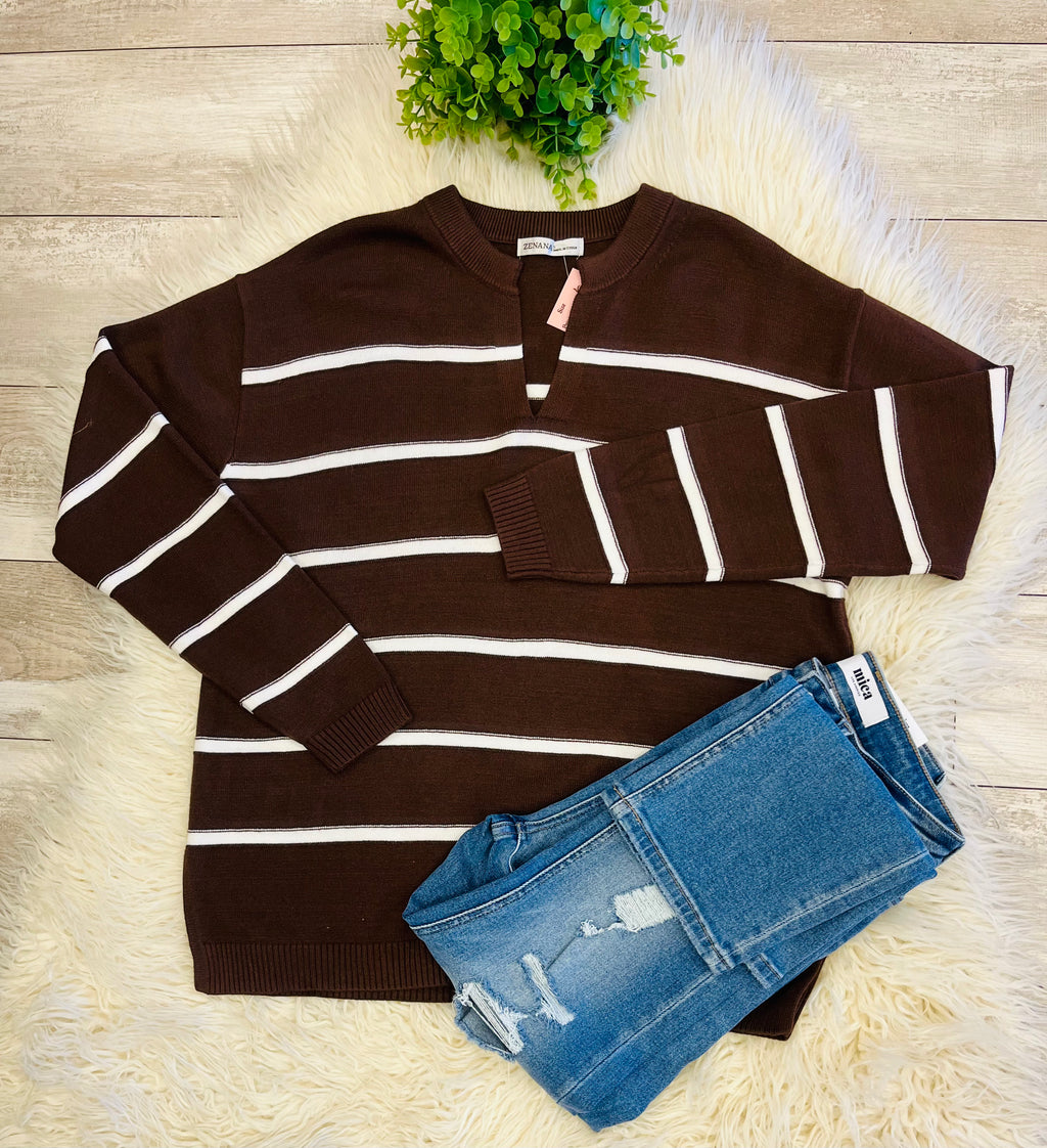 Women’s Zenana Trinity V-Neck Sweater In Chocolate - True to Size