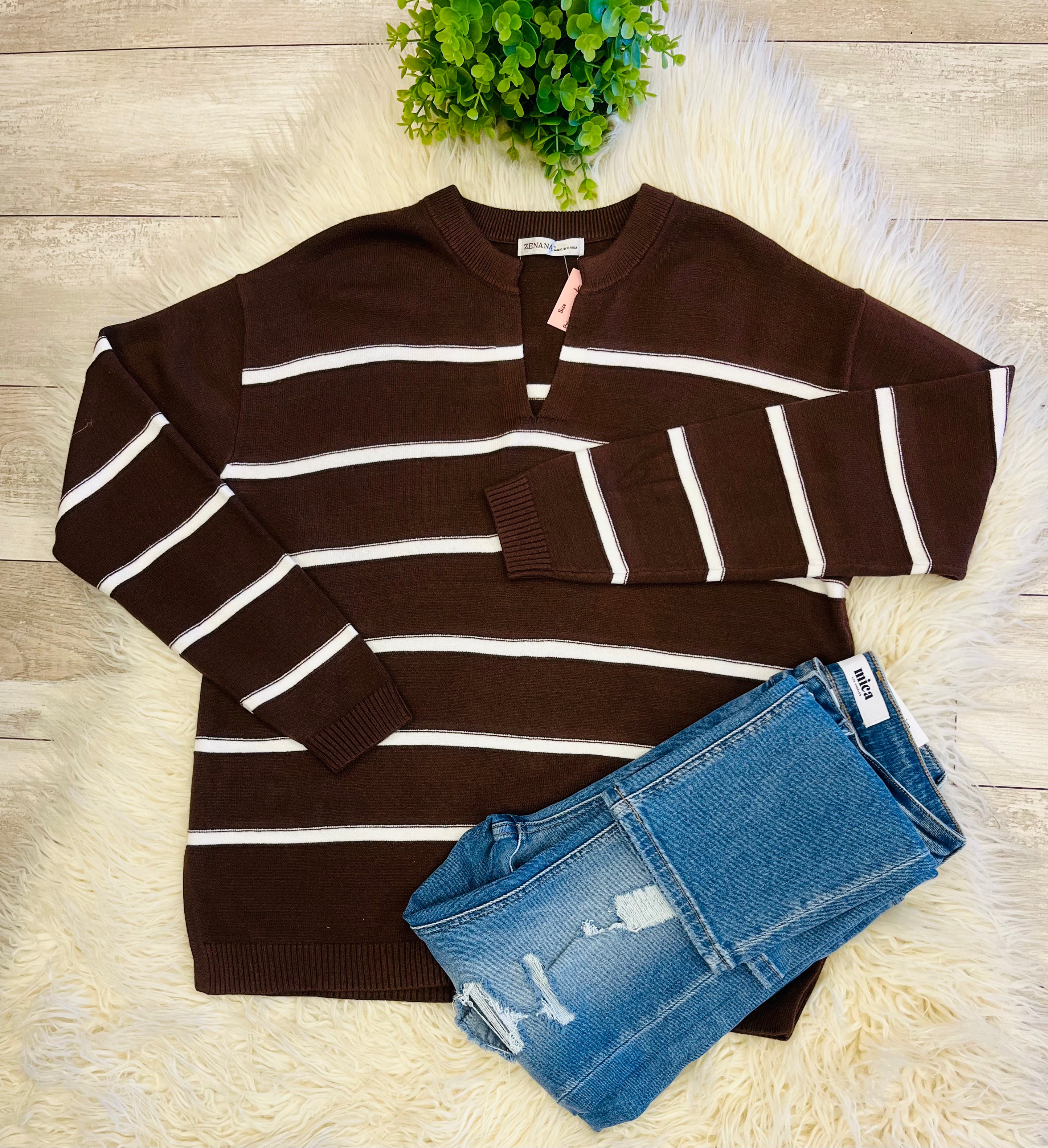 Women’s Zenana Trinity V-Neck Sweater In Chocolate - True to Size