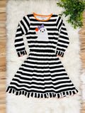 Girls Black and White Striped Halloween Dress with Ghost