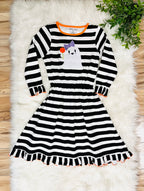 Girls Black and White Striped Halloween Dress with Ghost