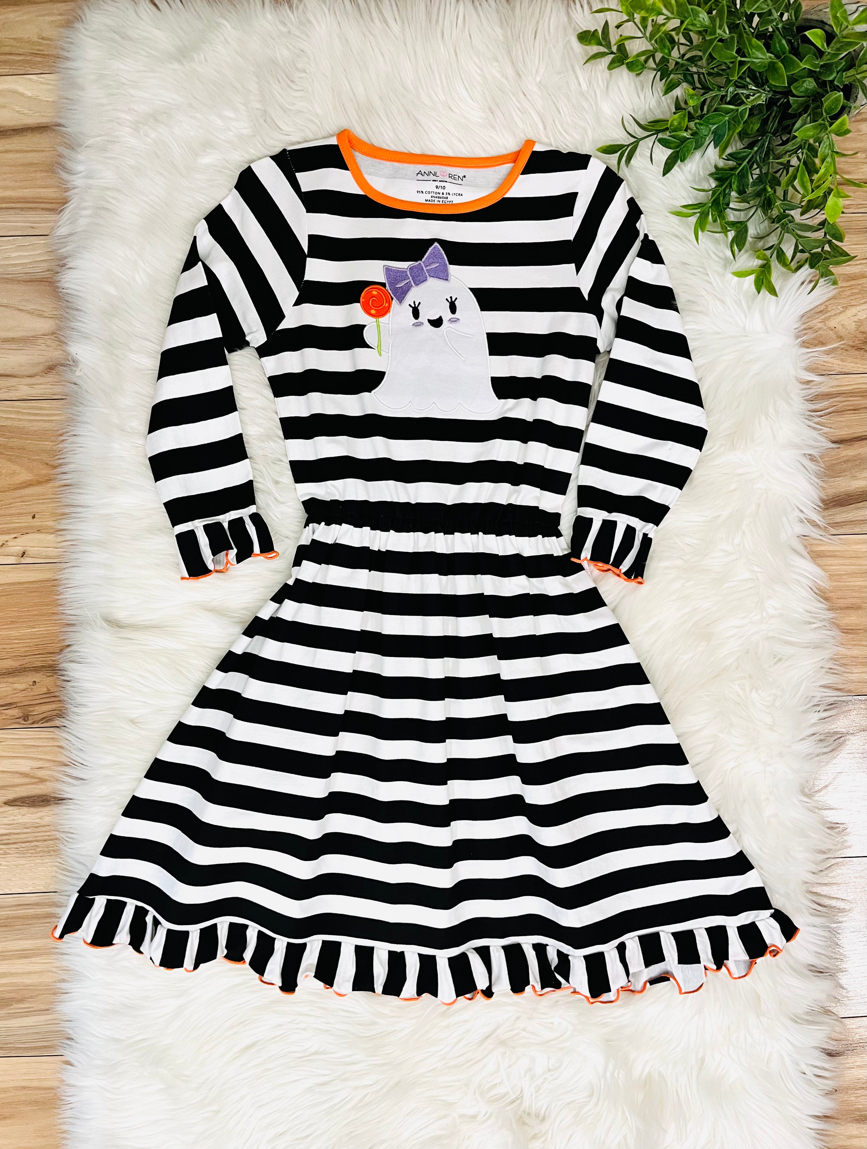 Girls Black and White Striped Halloween Dress with Ghost
