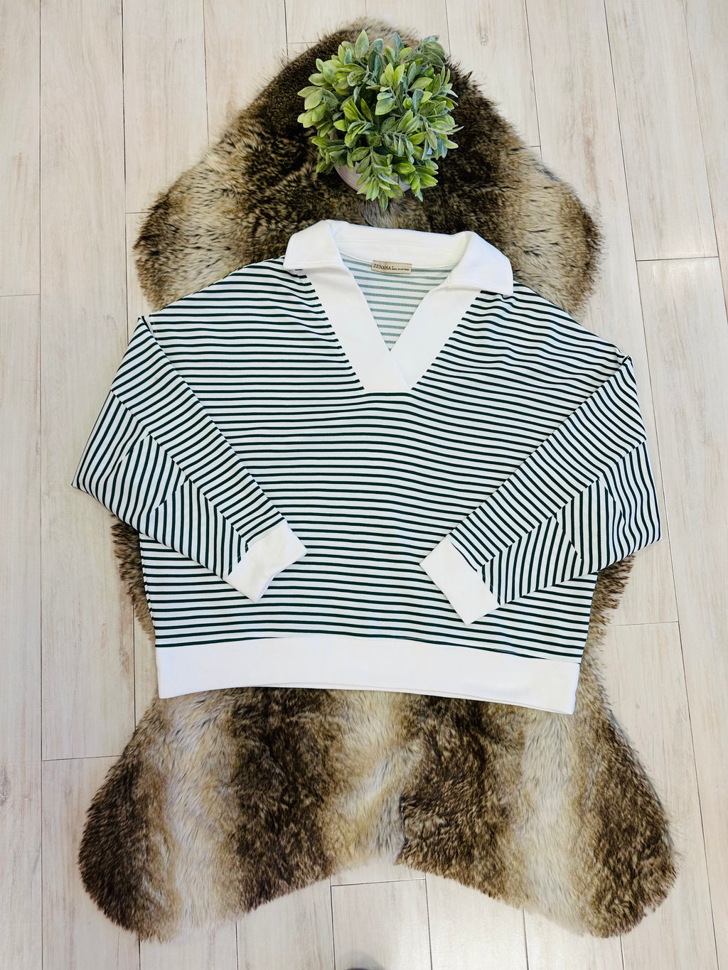 Stained Women’s Zenana Dark Green Striped Collared Set