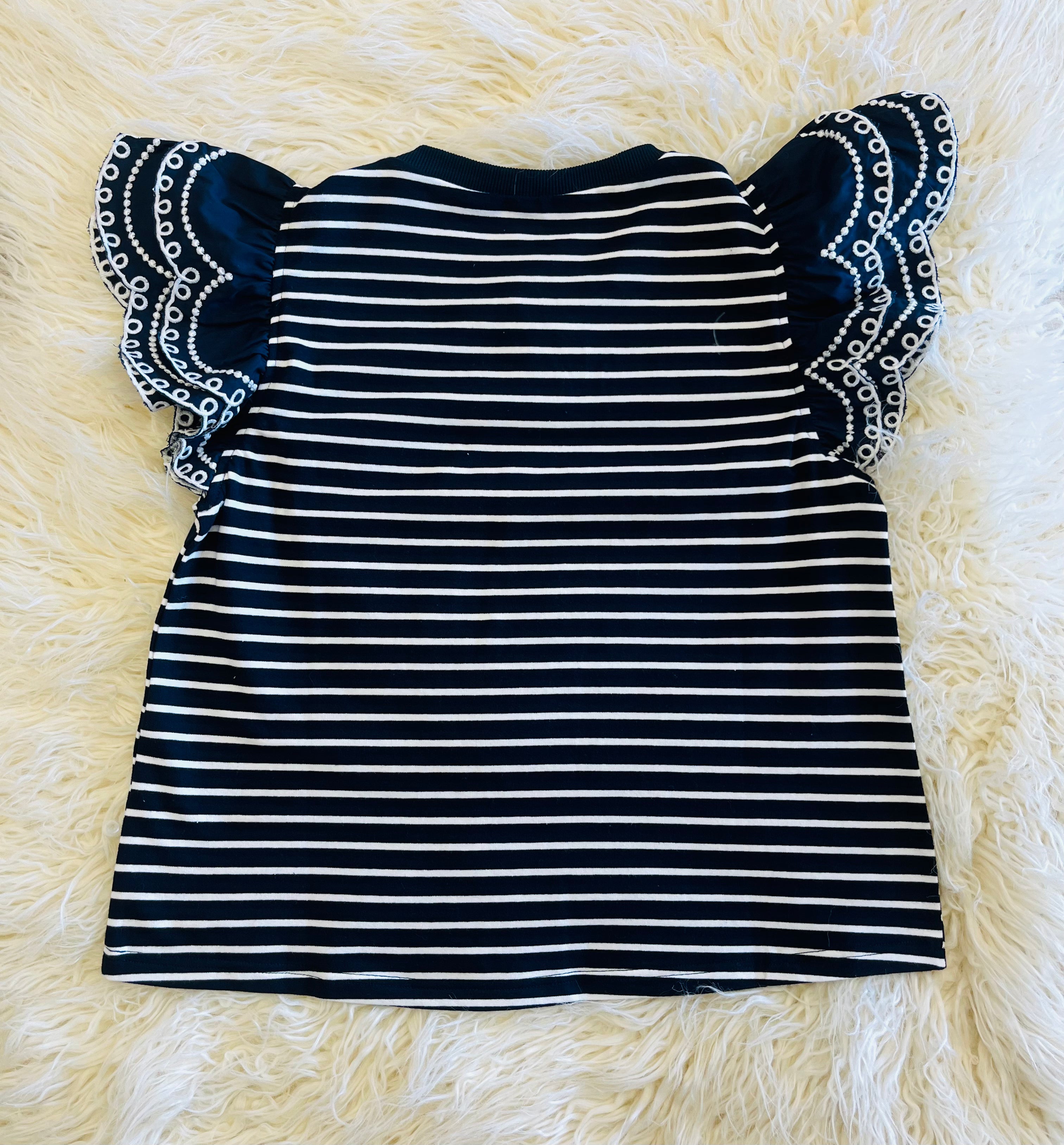 Women’s Navy and White Ruffle Sleeve Top