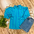 Women’s Evermmee Blue and Green Stripe Button Down Top with Bow Tie Sleeves