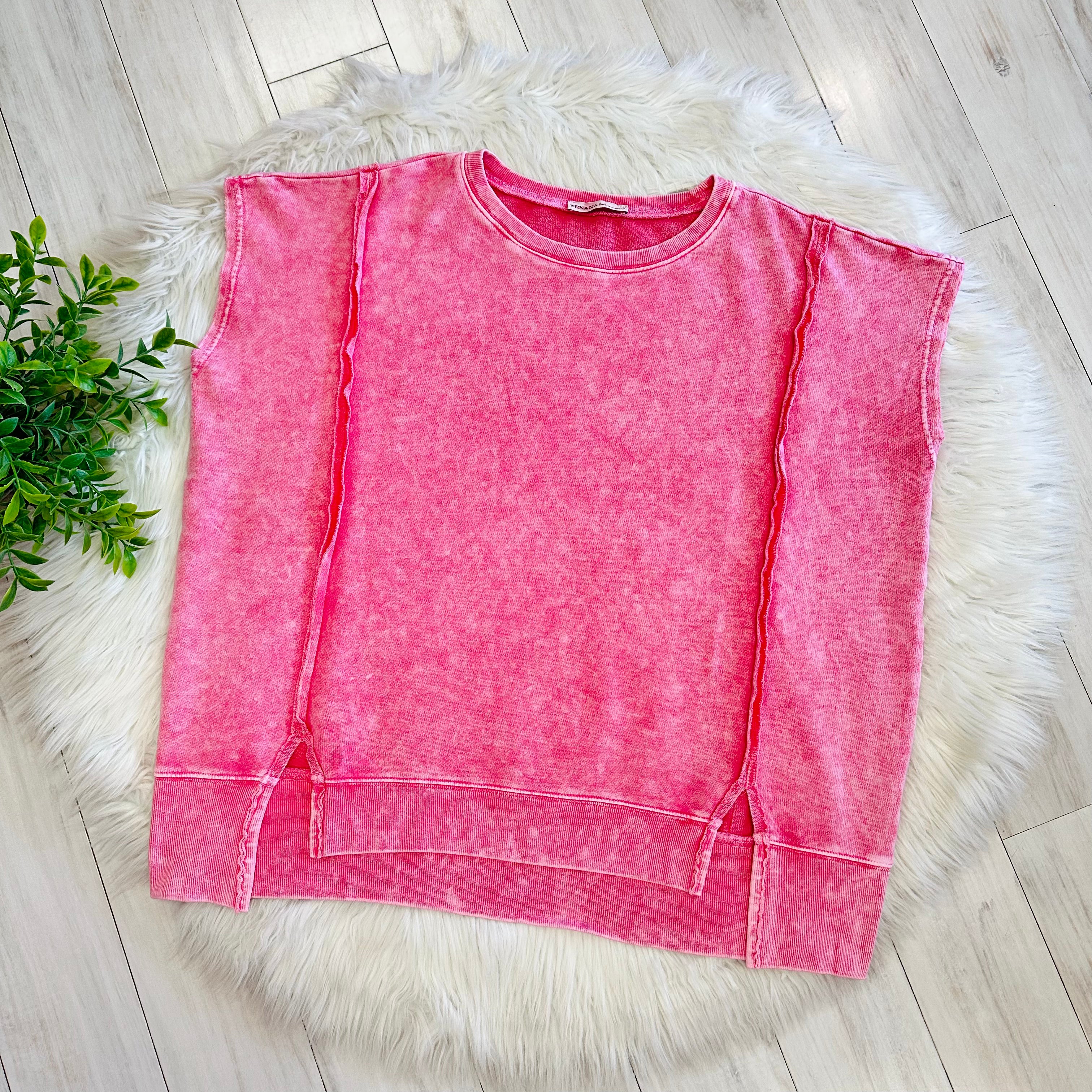 Women’s Pink Zenana Sleeveless Acid Wash Top with Slits