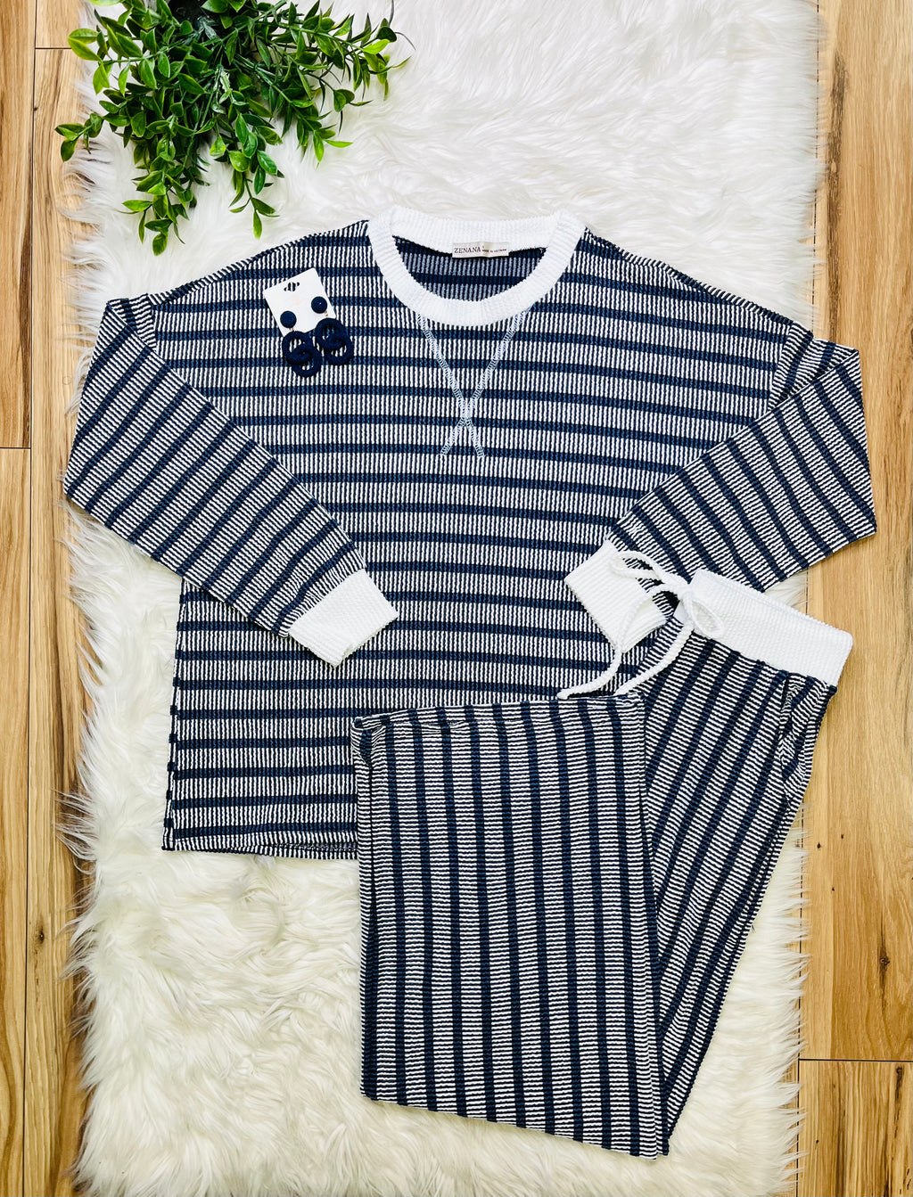 Women’s Zenana Navy Striped Ribbed Pant Set