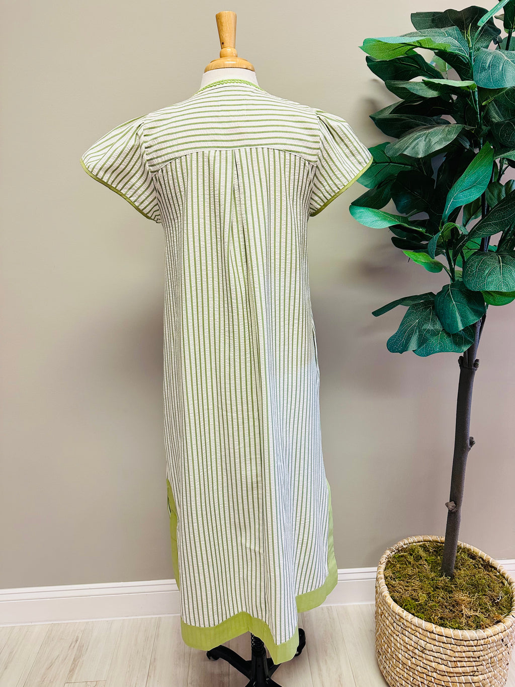 Women’s Umgee Sage Green Stripe V Neck Dress with Embroidered Detail- True to Size