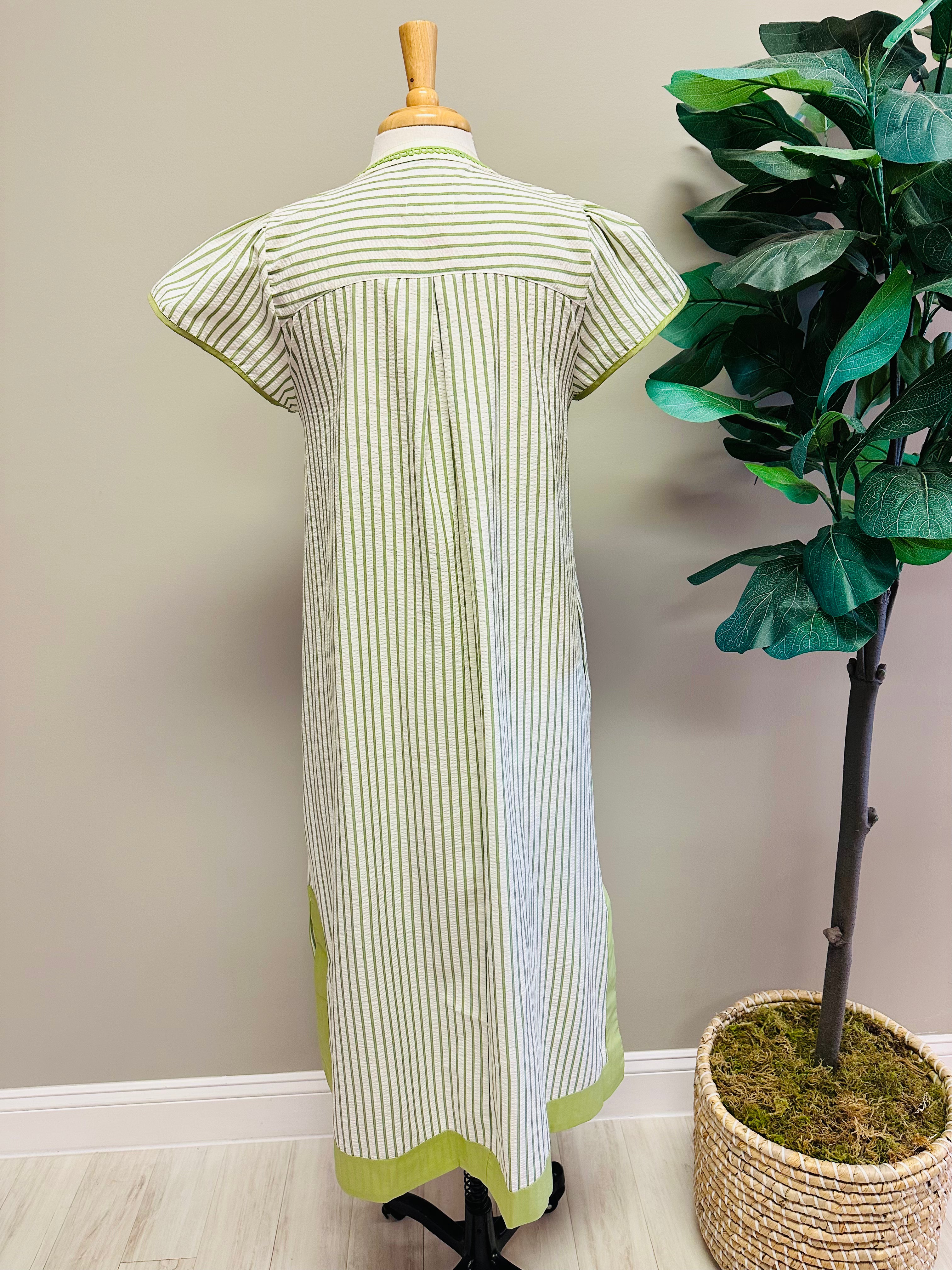 Women’s Umgee Sage Green Stripe V Neck Dress with Embroidered Detail- True to Size