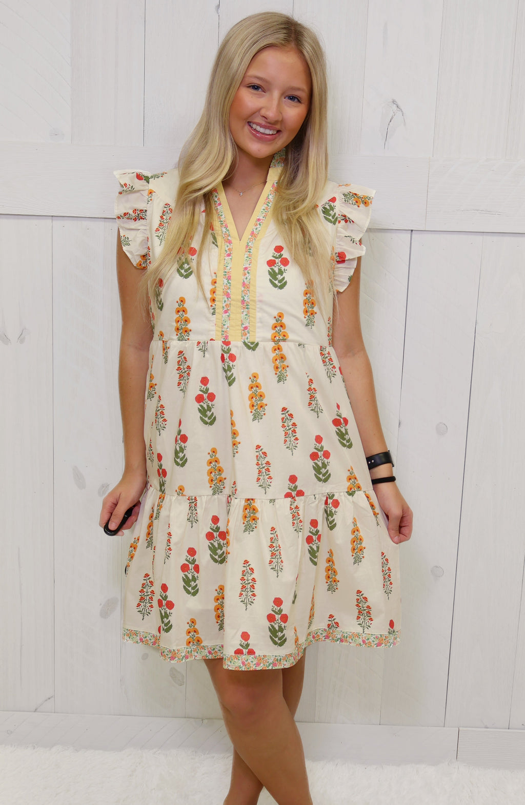 GiGIO Cream Floral Split Neck Dress Women's