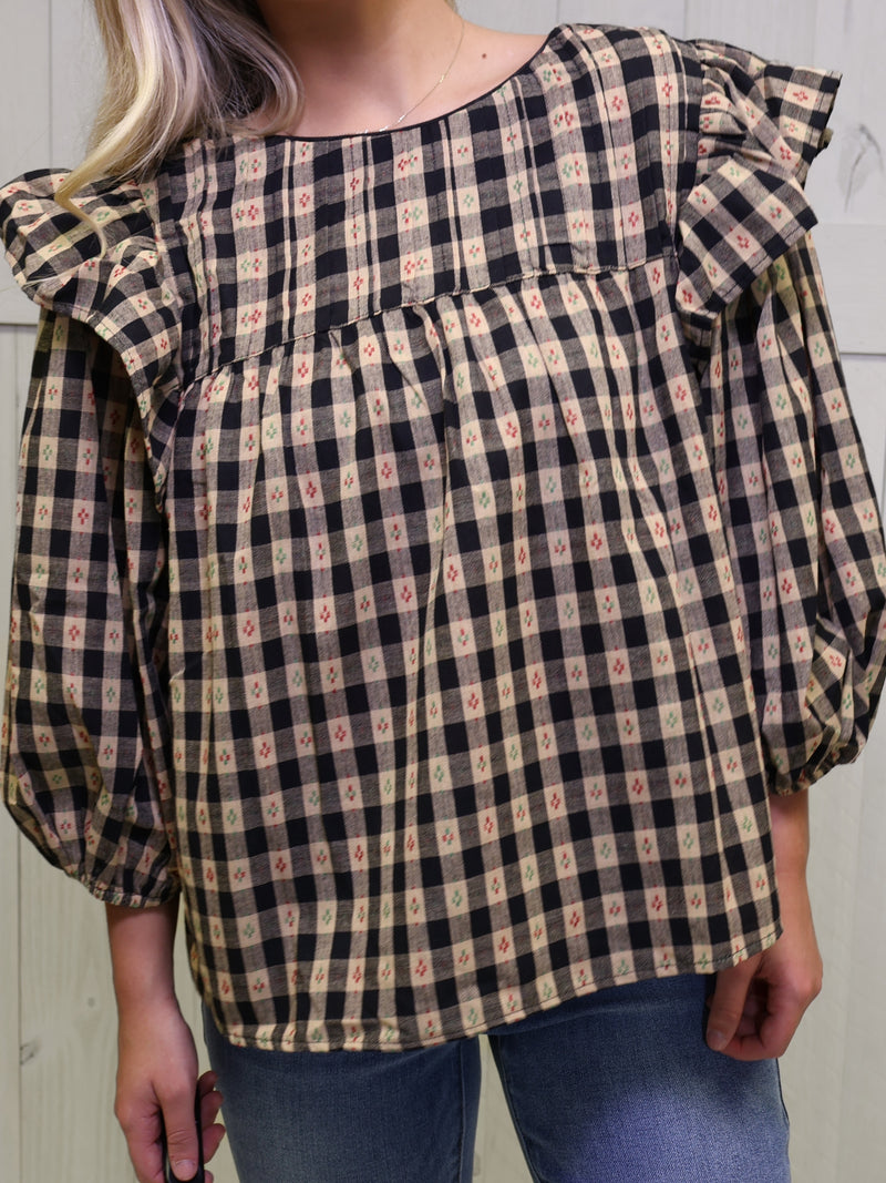 GiGiO Black Checkered Babydoll Top