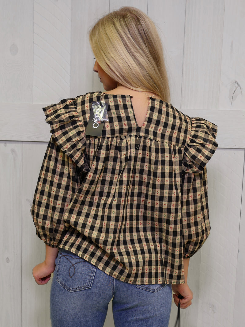 GiGiO Black Checkered Babydoll Top