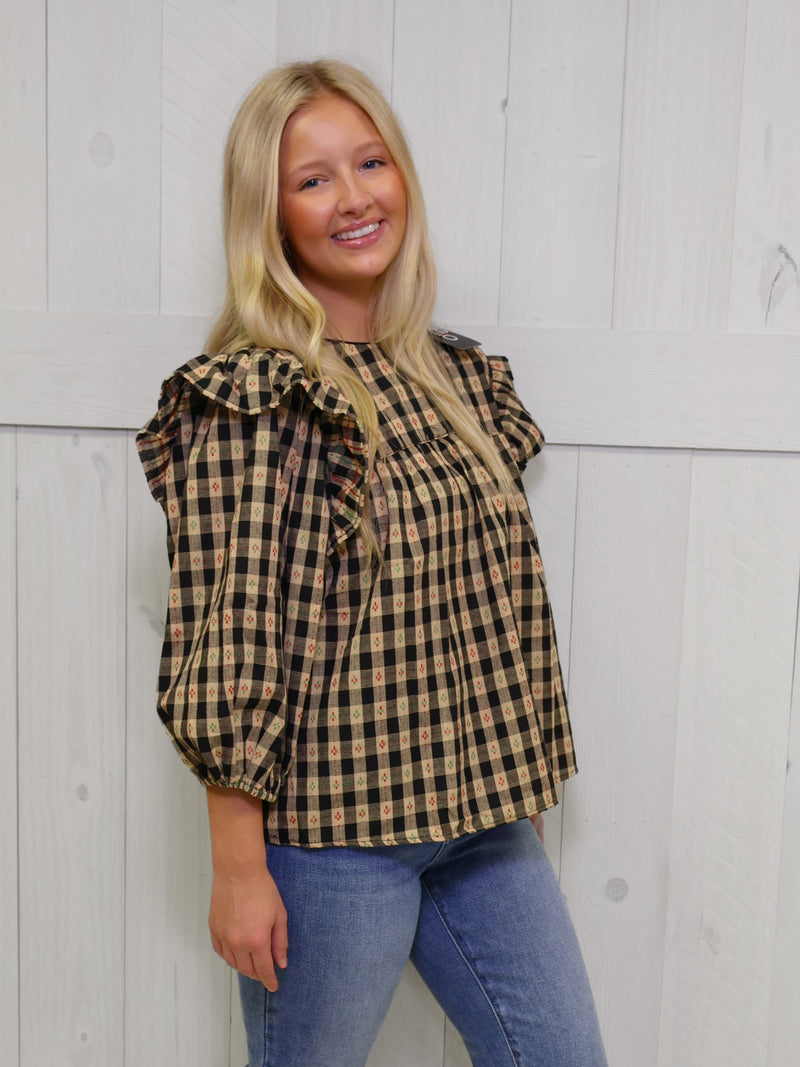 GiGiO Black Checkered Babydoll Top