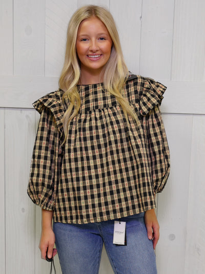 GiGiO Black Checkered Babydoll Top