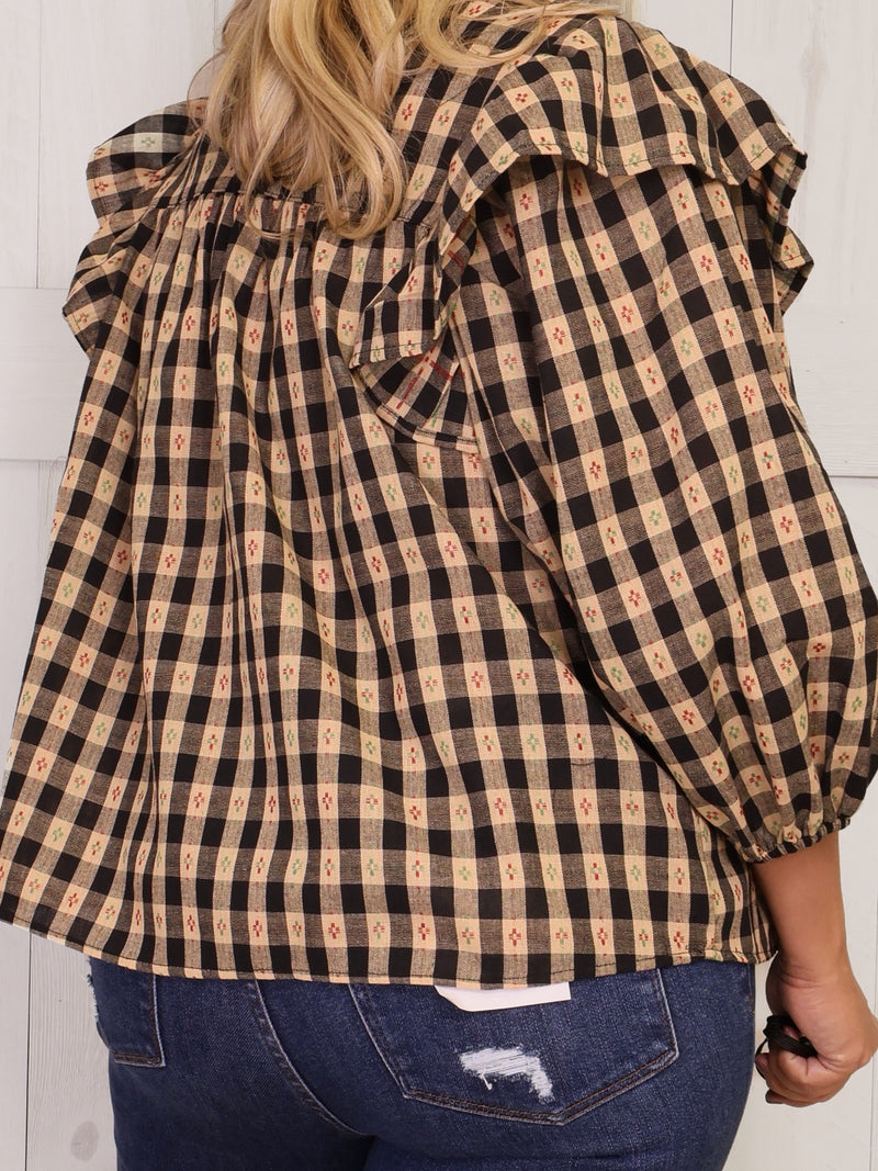 GiGiO Black Checkered Babydoll Top