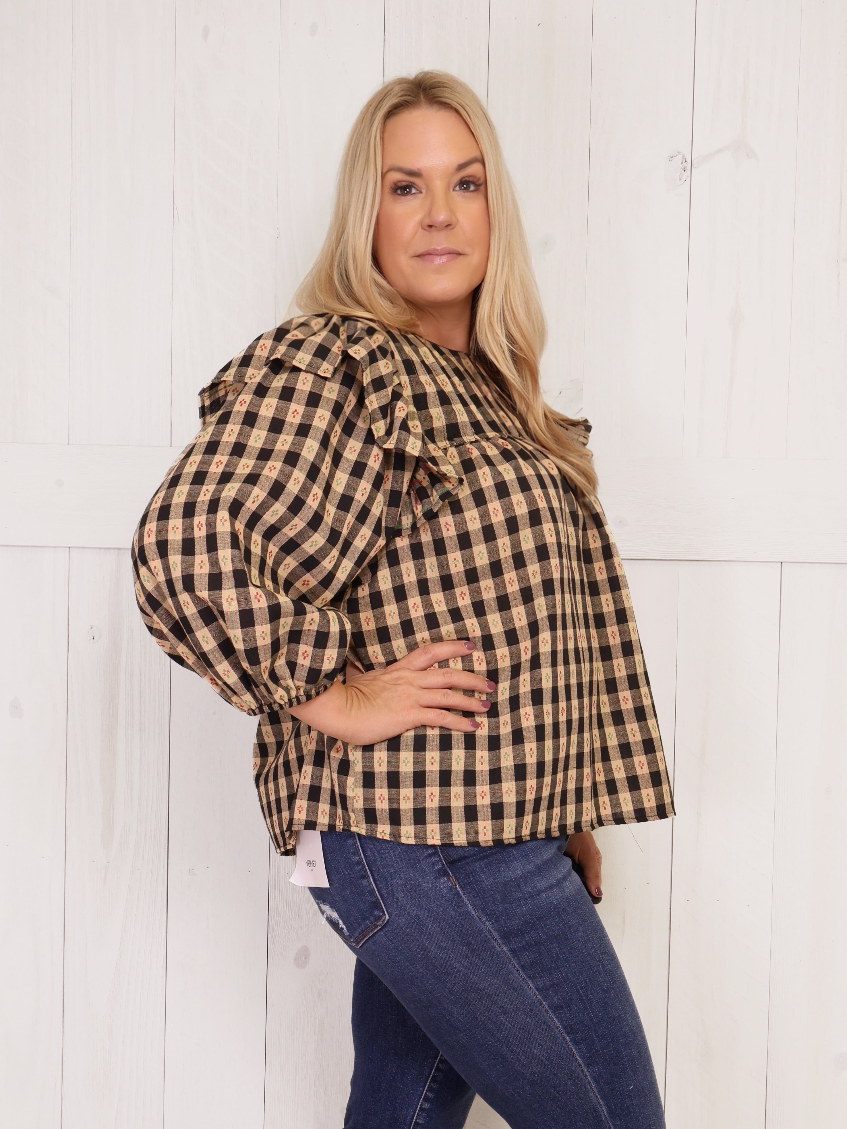 GiGiO Black Checkered Babydoll Top Women’s