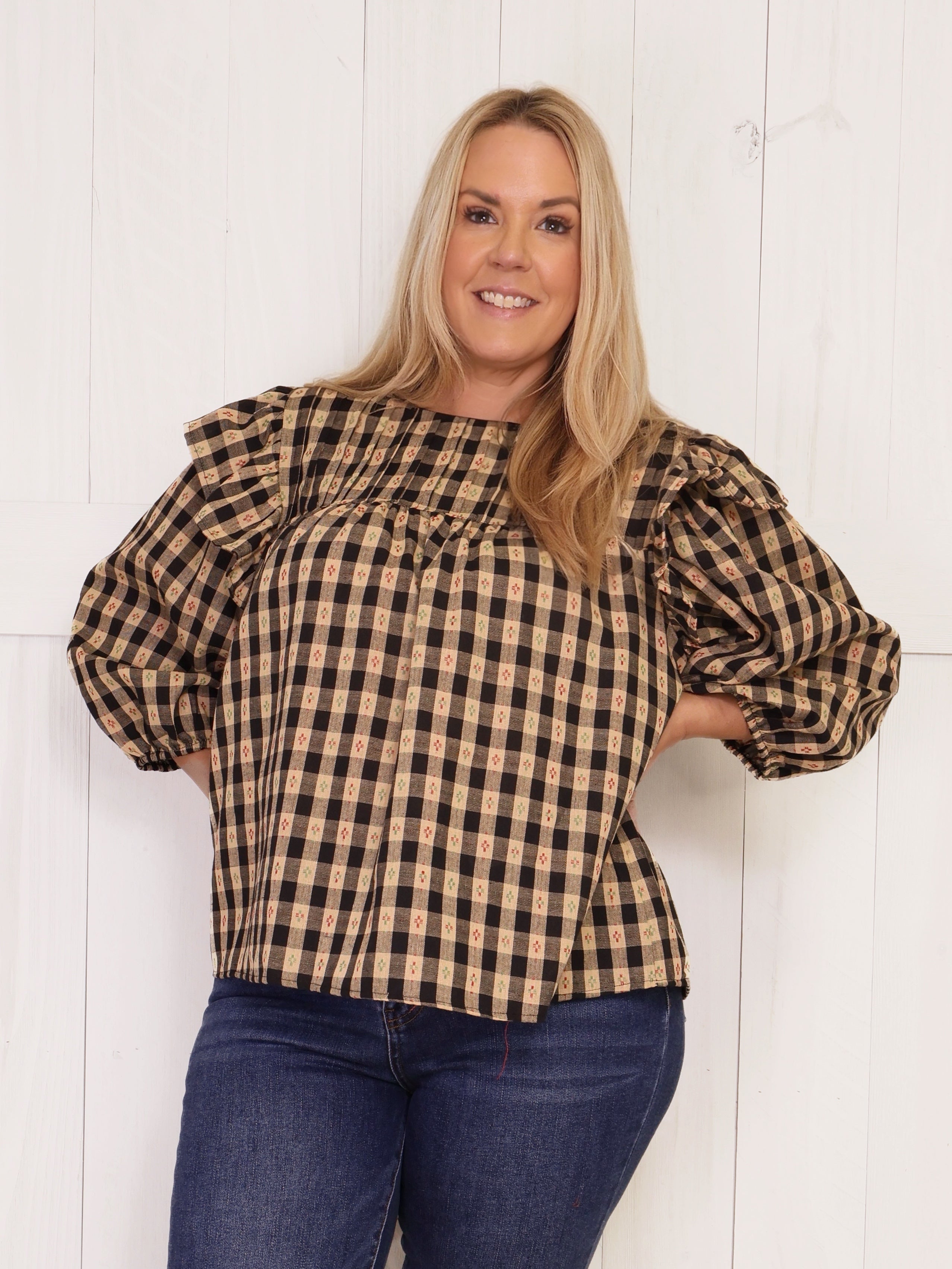 GiGiO Black Checkered Babydoll Top Women’s