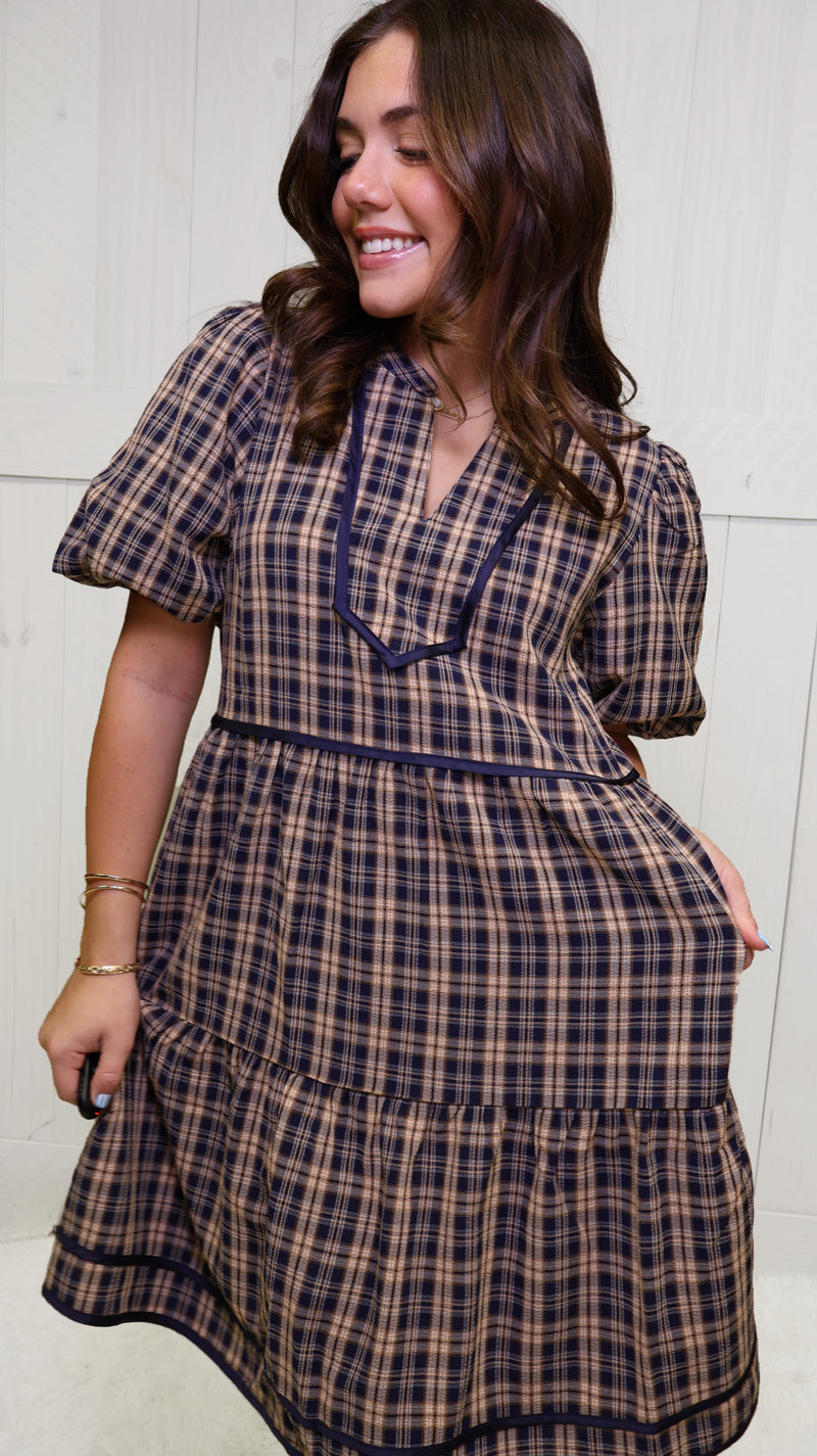 GiGiO Navy Plaid Tiered Dress