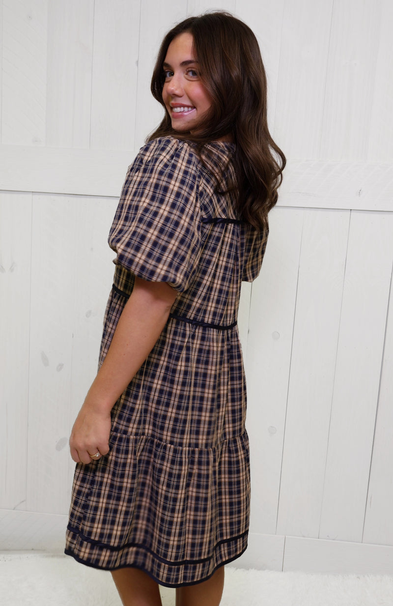 GiGiO Navy Plaid Tiered Dress