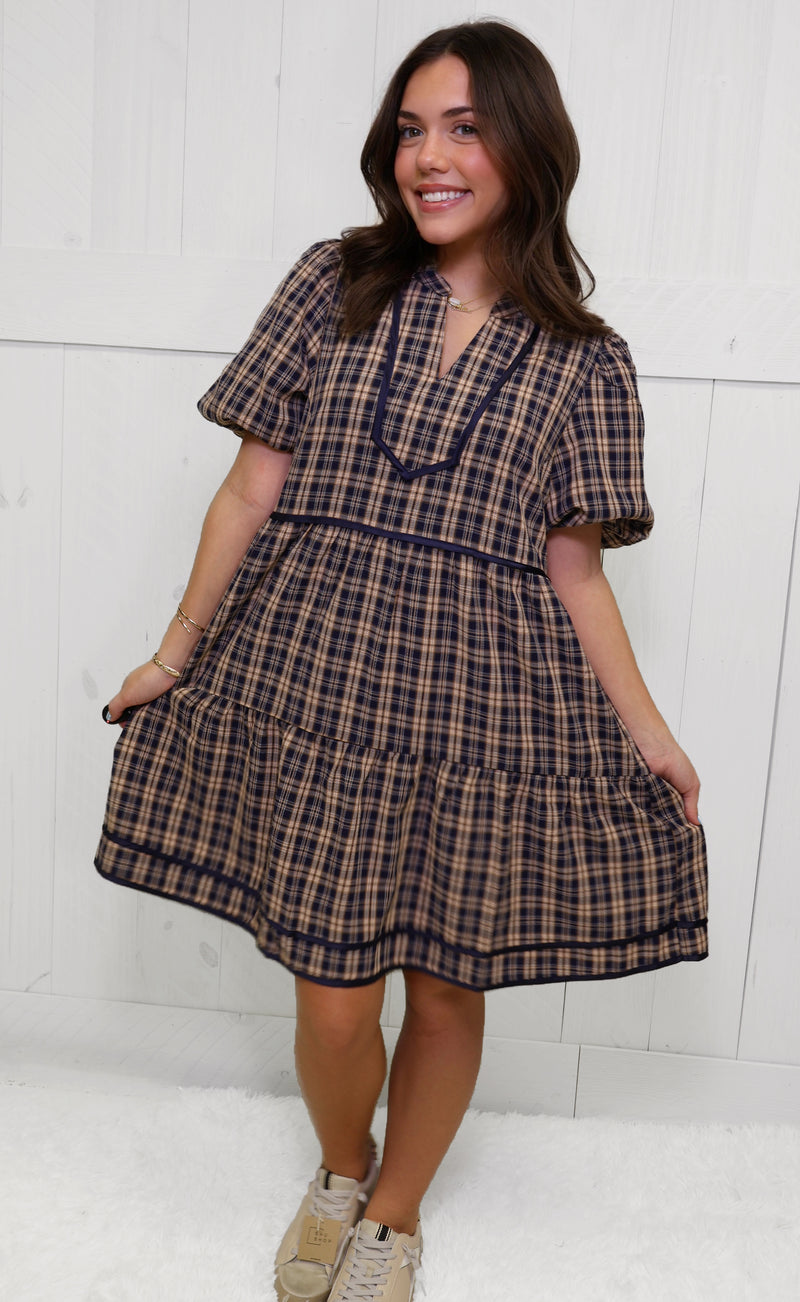 GiGiO Navy Plaid Tiered Dress