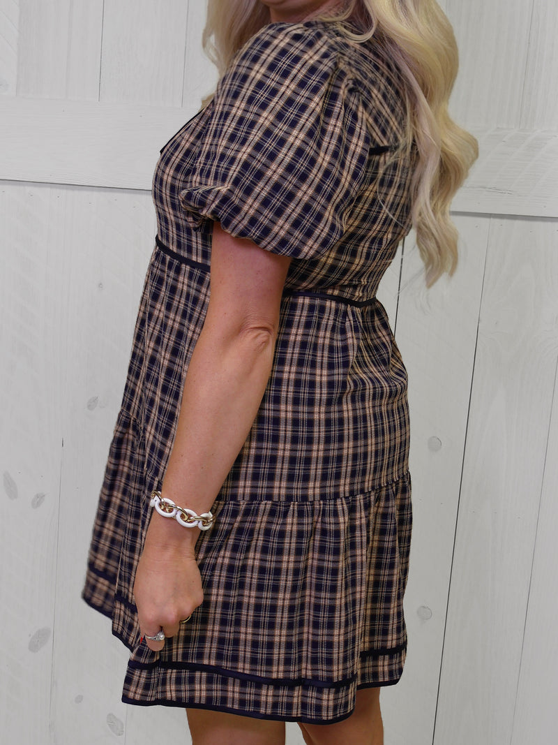 GiGiO Navy Plaid Tiered Dress
