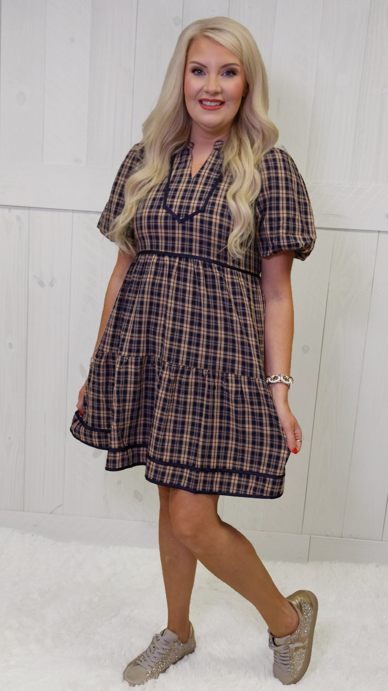 GiGiO Navy Plaid Tiered Dress