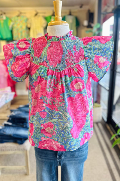 GiGiO Women’s Blue Smocked Neck Blouse Top