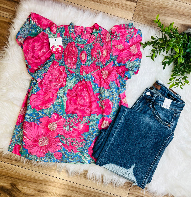 GiGiO Women’s Blue Smocked Neck Blouse Top