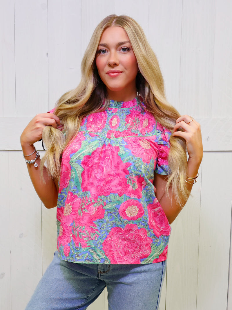 GiGiO Women’s Blue Smocked Neck Blouse Top