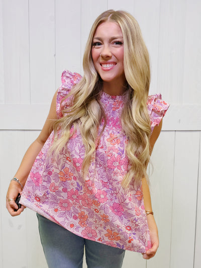 GiGiO Women’s Pink Floral Ruffle Sleeve Top