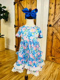 Girl’s Blue Spring Floral Ruffle Hem Dress