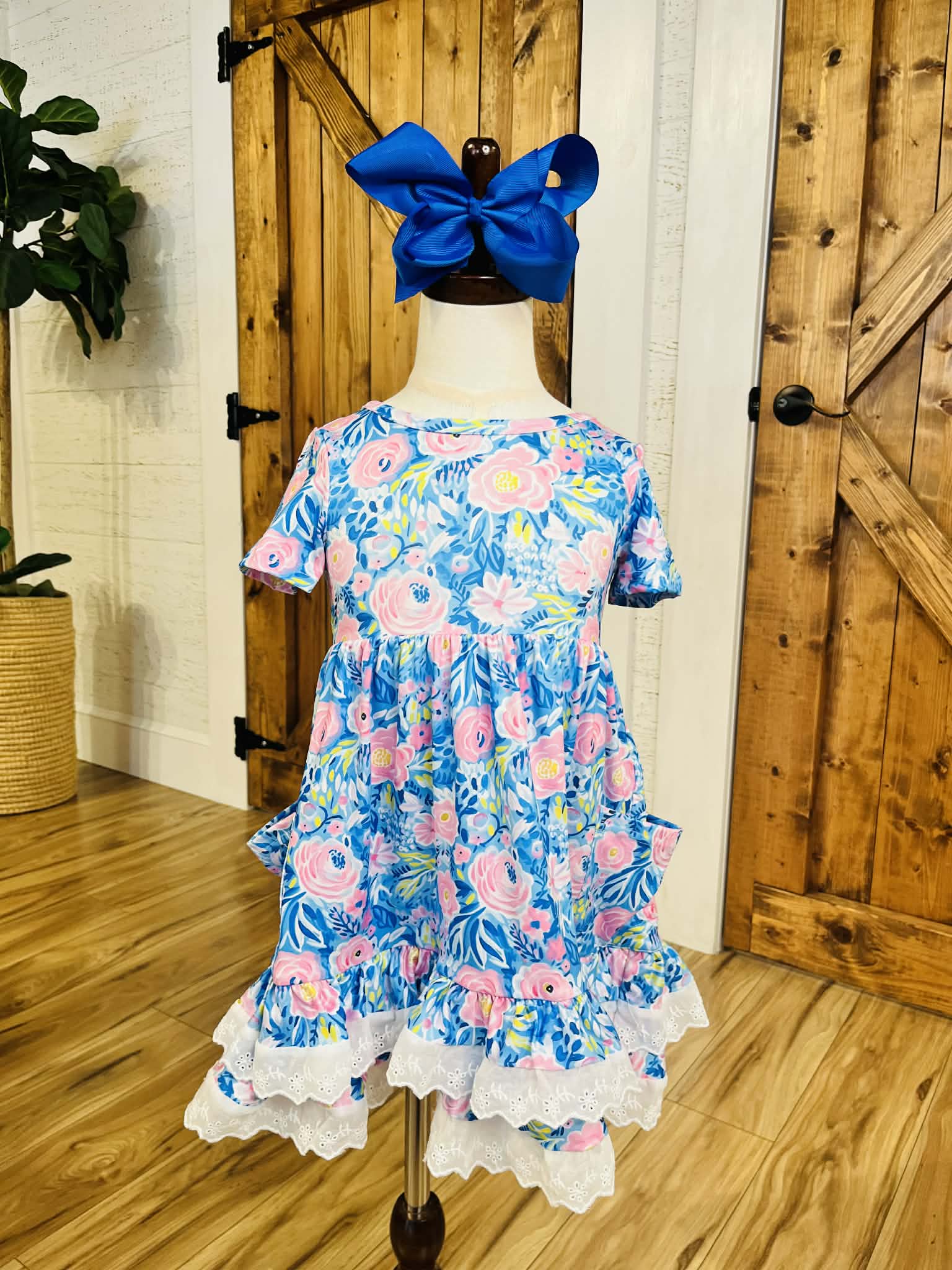 Girl’s Blue Spring Floral Ruffle Hem Dress