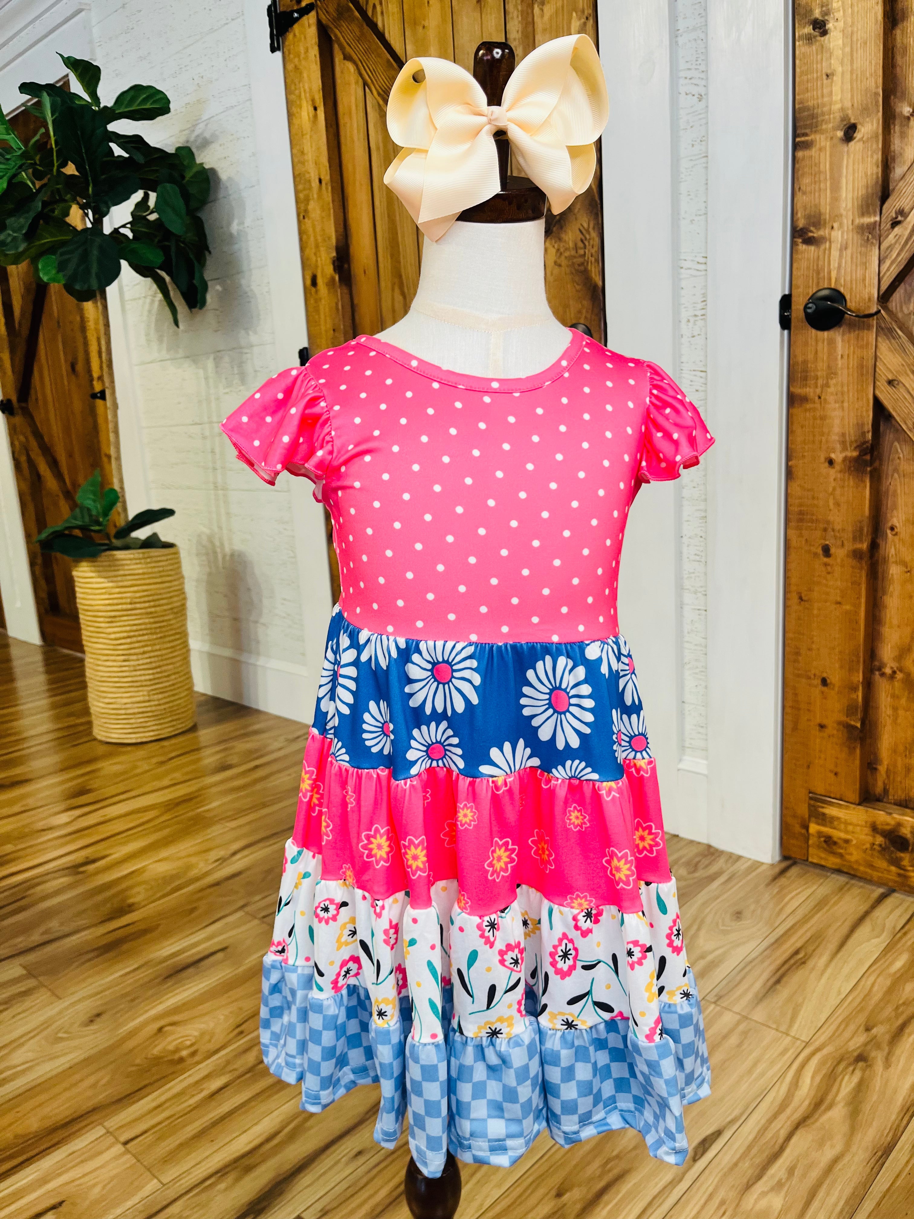 Girl’s Pink Mixed Pattern Ruffle Dress