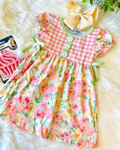 Girl’s Sassy Soul Pink Floral Dress With Green Accents Girls