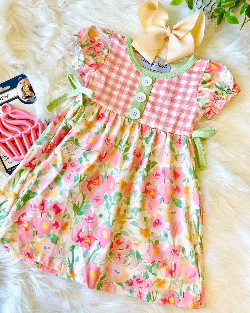 Girl’s Sassy Soul Pink Floral Dress With Green Accents Girls