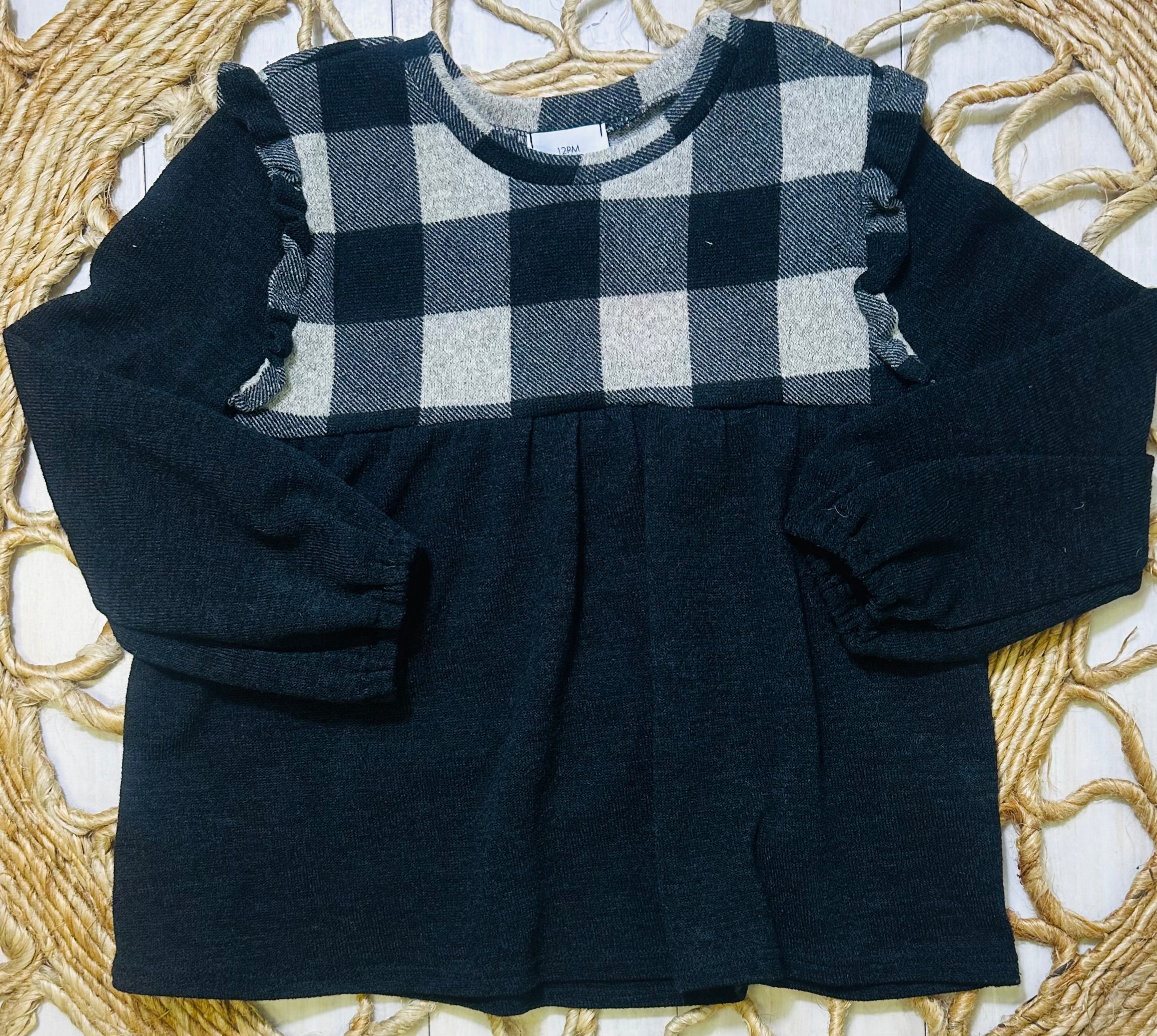 Girl’s 12PM Black and Gray Checkered Color Block Top