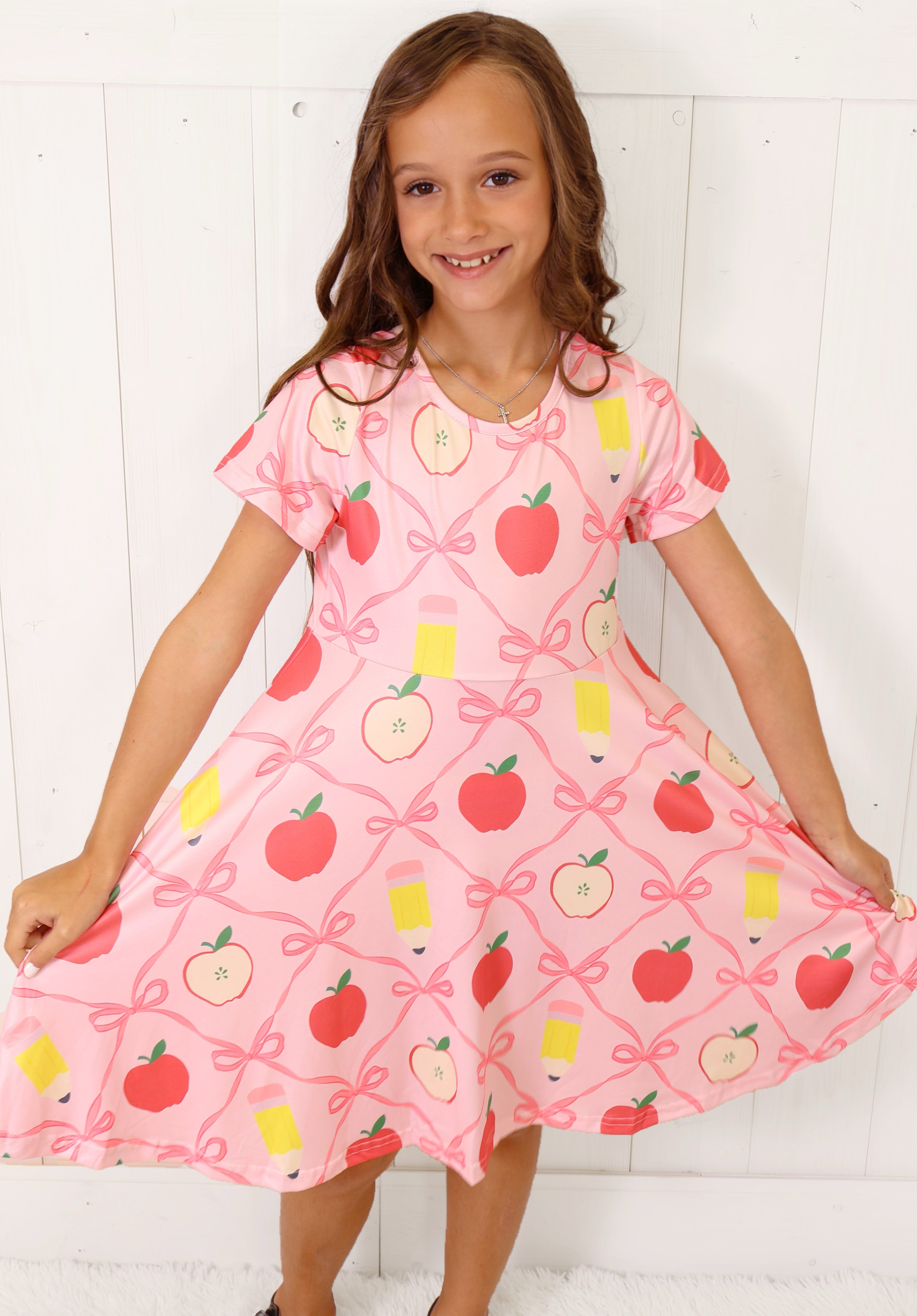 Girls Apple Print Back to School Dress