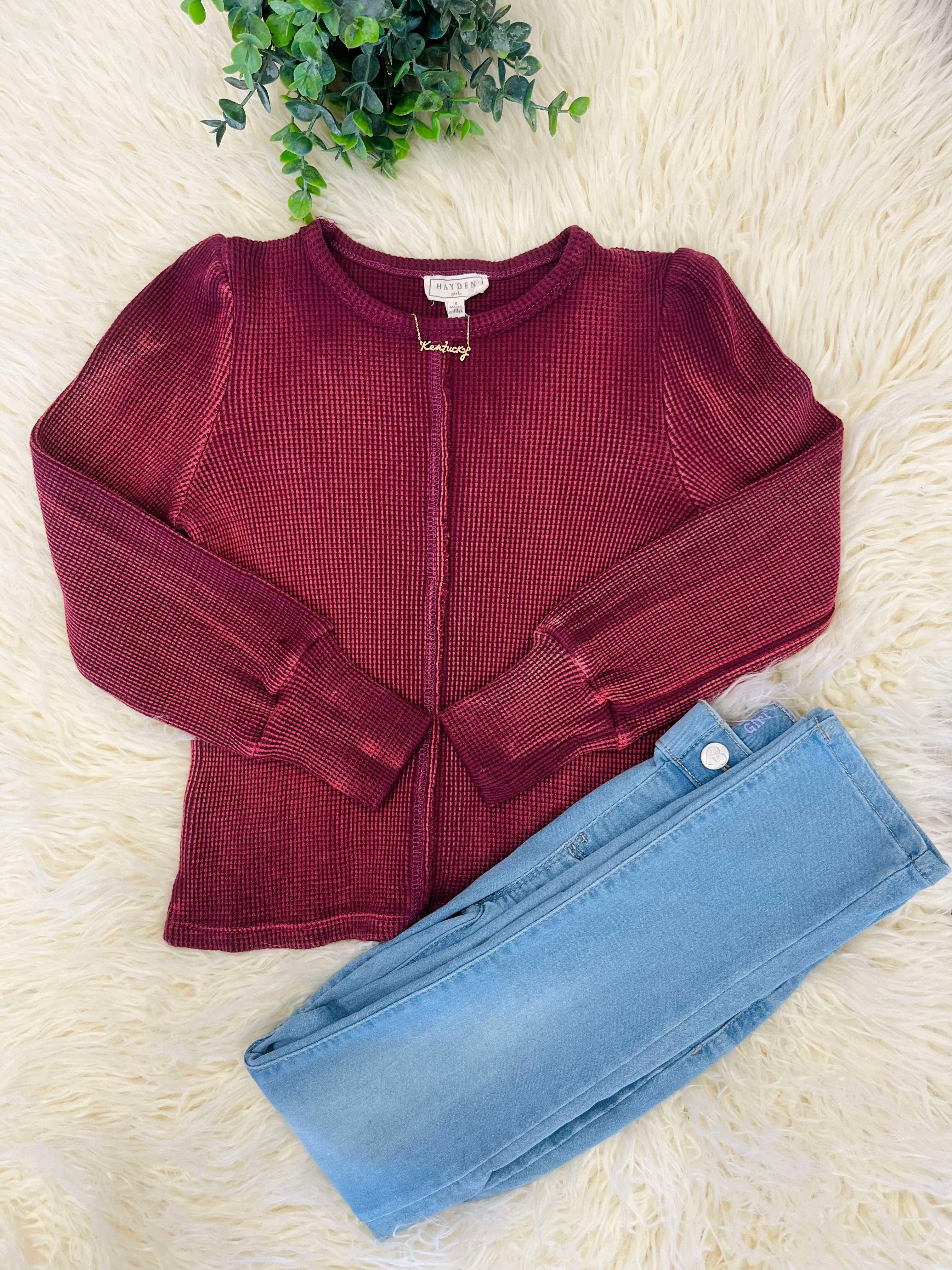 Girl’s Berry Washed Waffle Knit Sweater