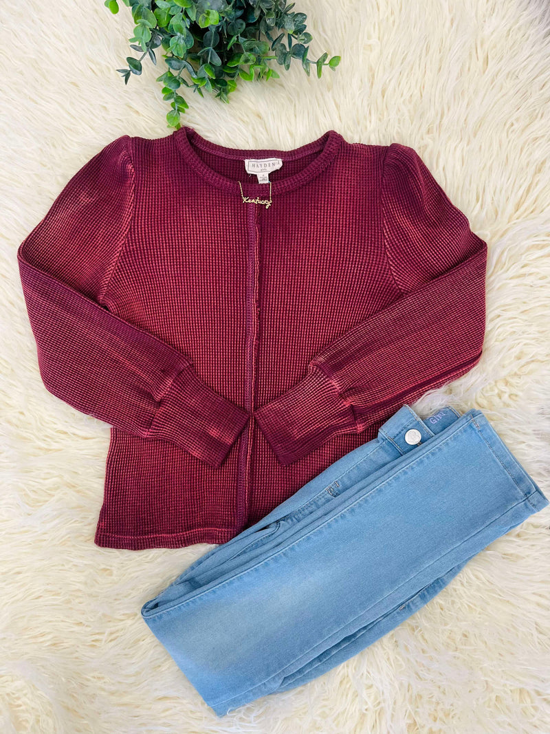 Girls Berry Washed Waffle Knit Sweater