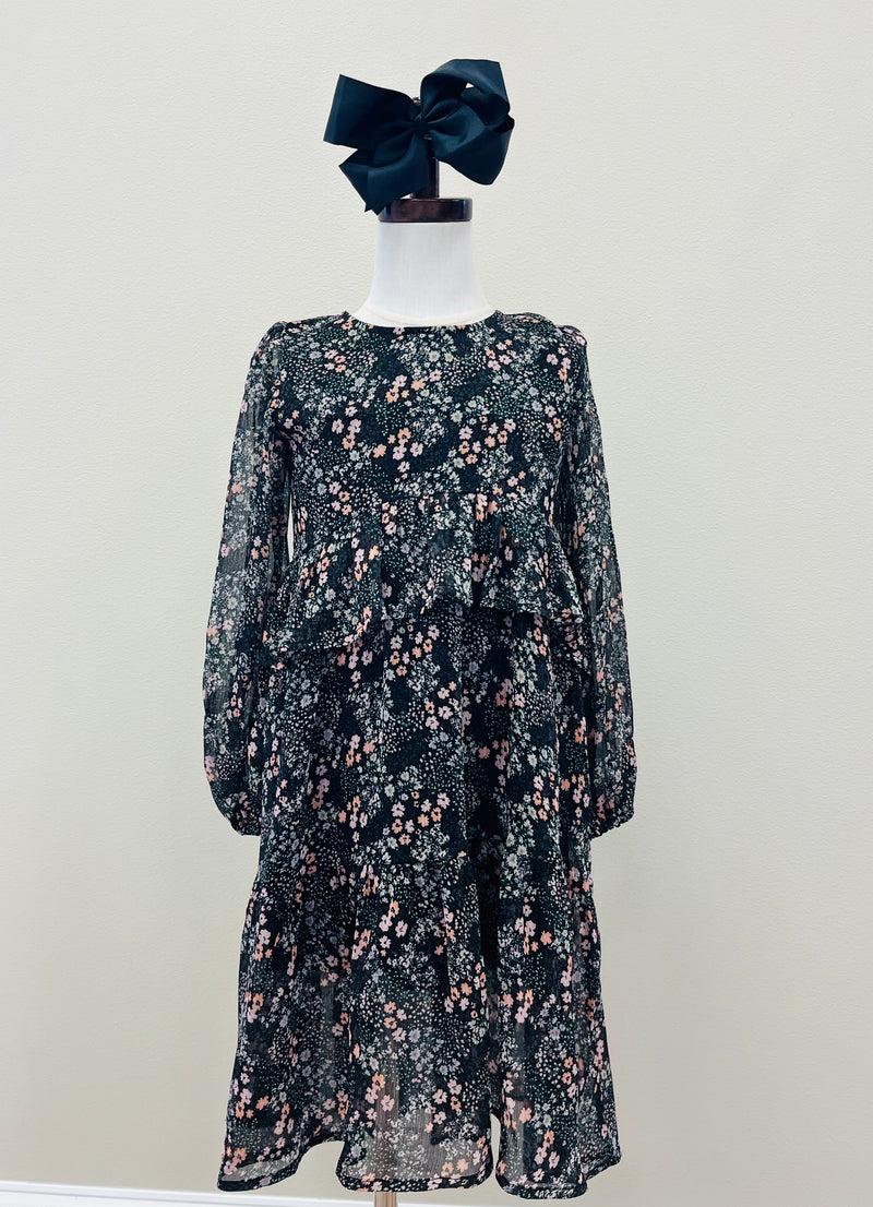 Girls Black Floral Layered Midi Dress