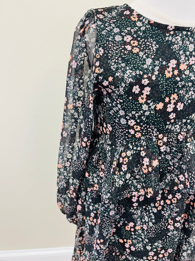 Girls Black Floral Layered Midi Dress