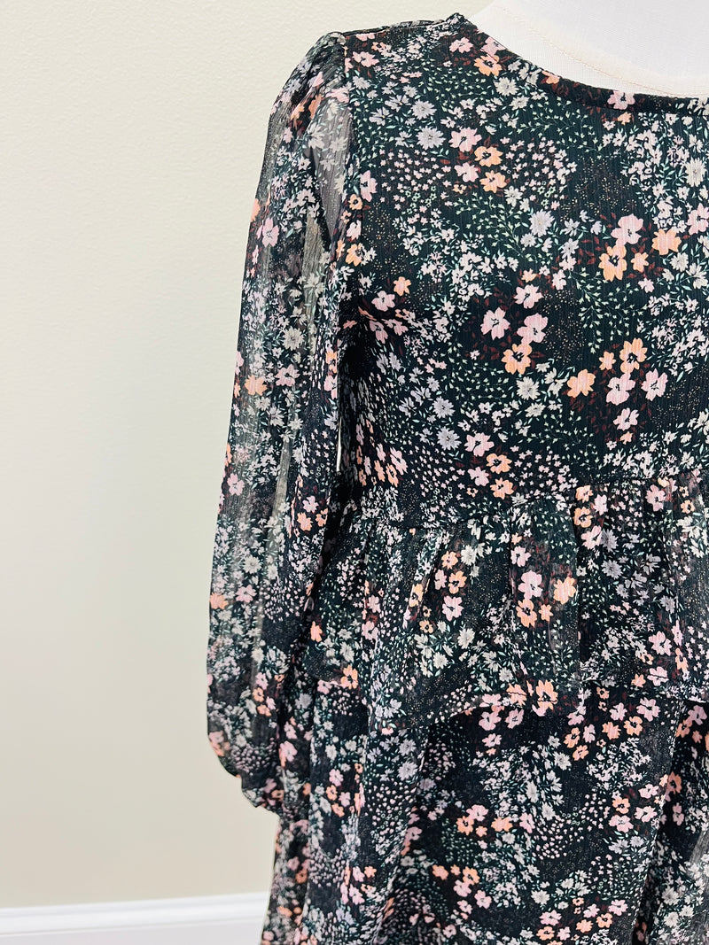 Girls Black Floral Layered Midi Dress
