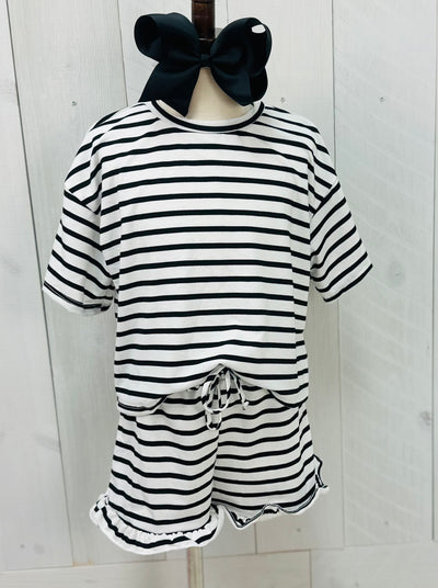 Girls Black Striped top and Ruffle Shorts Set